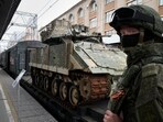 A Russian soldier stands guard near a M2 Bradley fighting vehicle captured from Kyiv forces during the fighting in Ukraine, loaded on platform of an agit-train during an event to promote the Russian military operation in Ukraine at the Moskovsky railway station in St. Petersburg, Russia, Saturday, May 4, 2024. (AP Photo/Dmitri Lovetsky) A Russian soldier stands guard near a M2 Bradley fighting vehicle captured from Kyiv forces during the fighting in Ukraine, loaded on platform of an agit-train during an event to promote the Russian military operation in Ukraine at the Moskovsky railway station in St. Petersburg, Russia, Saturday, May 4, 2024. (AP Photo/Dmitri Lovetsky)