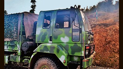 A damaged IAF truck in Poonch on Saturday. (ANI)