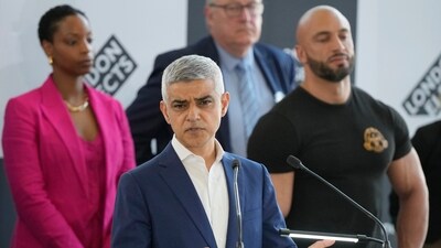 Sadiq Khan makes a speech as he is re-elected for a record third time as Mayor of London, following the counting of votes, at City Hall in London (AP)