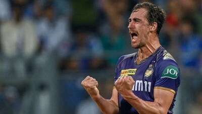 Kolkata Knight Riders' Mitchell Starc celebrates after his team's win in the Indian Premier League (IPL) Twenty20 cricket match between Mumbai Indians and Kolkata Knight Riders at the Wankhede Stadium (AFP) Kolkata Knight Riders' Mitchell Starc celebrates after his team's win in the Indian Premier League (IPL) Twenty20 cricket match between Mumbai Indians and Kolkata Knight Riders at the Wankhede Stadium (AFP)