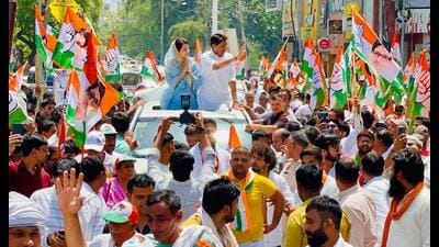 Congress candidate Deepender Singh Hooda was accompanied by his wife Hemsweta, his father, Haryana Congress chief Udai Bhan and Rohtak MLA BB Batra while filing the nomination papers in Haryana on Saturday. (Manoj Dhaka/HT)