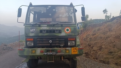 The Indian Air Force vehicle which came under terrorist attack in Poonch on Saturday.