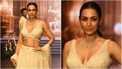 Malaika Arora walks the ramp as the showstopper for designer Archana Kochhar, dressed in a sensational ivory lehenga. (Instagram) Malaika Arora walks the ramp as the showstopper for designer Archana Kochhar, dressed in a sensational ivory lehenga. (Instagram)