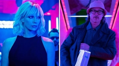 Charlize Theron in a still from Atomic Blonde and Brad Pitt in a still from Bullet Train. Charlize Theron in a still from Atomic Blonde and Brad Pitt in a still from Bullet Train.