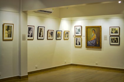 Paintings as part of 'Daughter of Providence', an exhibition showcasing Raja Ravi Varma's unseen paintings. (PTI Photo)