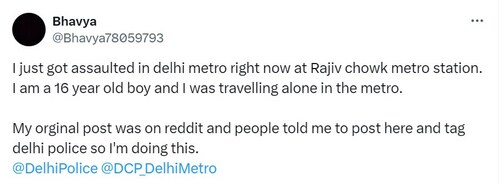 The image shows the first post of the thread shared by a teen claiming sexual assault at Delhi Metro. (X/@Bhavya78059793) The image shows the first post of the thread shared by a teen claiming sexual assault at Delhi Metro. (X/@Bhavya78059793)