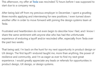 An ex-Meta intern shared this post on LinkedIn claiming her job offer at Elon Musk's Tesla was rescinded (1/2). (LinkedIn/Carmen Lee) An ex-Meta intern shared this post on LinkedIn claiming her job offer at Elon Musk's Tesla was rescinded (1/2). (LinkedIn/Carmen Lee)