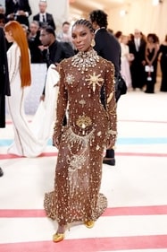 Michaela Coel Wows In Custom Beaded Schiaparelli Couture Gown At The 2023 Met Gala. Styled by ELLE's own Georgia Medley. (Getty Images) Michaela Coel Wows In Custom Beaded Schiaparelli Couture Gown At The 2023 Met Gala. Styled by ELLE's own Georgia Medley. (Getty Images)