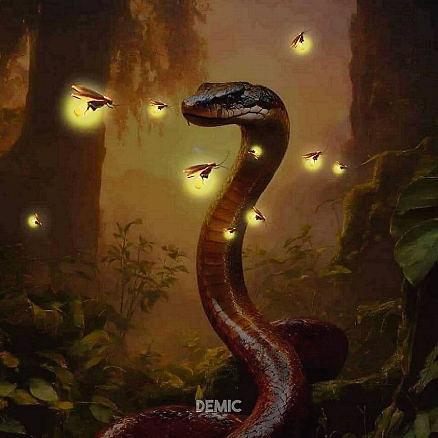Digital artwork depicting fireflies and a serpent, created by Jersey DEMIC LLC. Digital artwork depicting fireflies and a serpent, created by Jersey DEMIC LLC.