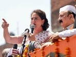 Kishori Lal Sharma with Priyanka Gandhi Vadra in Amethi. (PTI file photo)