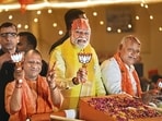 Prime Minister Narendra Modi during the road show in Ayodhya in support of BJP candidate Lallu Singh from Faizabad.