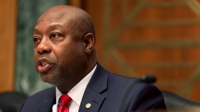 Senator Tim Scott, a Republican from South Carolina and ranking member of the Senate Banking, Housing, and Urban Affairs Committee, during a hearing in Washington, DC, US, on Tuesday, April 9, 2024. The hearing is expected to focus on countering illicit finance, terrorism, and sanctions evasion. Photographer: Tierney L. Cross/Bloomberg (Bloomberg)