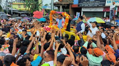 Assam chief minister Himanta Biswa Sarma during a roadshow ahead of the Lok Sabha polls in Kamrup on Sunday. (ANI) Assam chief minister Himanta Biswa Sarma during a roadshow ahead of the Lok Sabha polls in Kamrup on Sunday. (ANI)