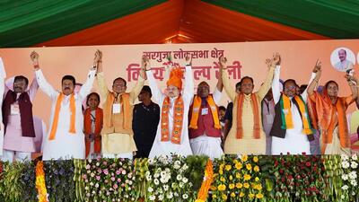 BJP president JP Nadda along with Chhattisgarh chief minister Vishnu Deo Sai and party leaders during a public meeting ahead of the Lok Sabha polls in Surajpur on Sunday. (Image posted by JP Nadda on X)