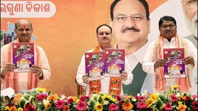 BJP president JP Nadda along with party leaders releases the party’s manifesto for the Odisha Assembly elections 2024 in Bhubaneswar on Sunday. (Image posted on X by JP Nadda) BJP president JP Nadda along with party leaders releases the party’s manifesto for the Odisha Assembly elections 2024 in Bhubaneswar on Sunday. (Image posted on X by JP Nadda)