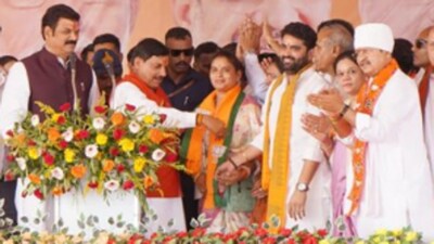 Congress MLA from Bina in MP, Nirmala Sapre, joined the BJP in an election rally in Rahatgarh on Sunday (Twitter Photo) Congress MLA from Bina in MP, Nirmala Sapre, joined the BJP in an election rally in Rahatgarh on Sunday (Twitter Photo)