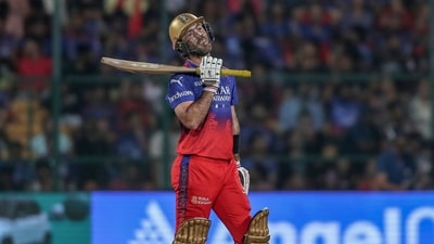 Royal Challengers Bengaluru's Glenn Maxwell reacts after being dismissed by Gujarat Titans' Joshua Little (AP) Royal Challengers Bengaluru's Glenn Maxwell reacts after being dismissed by Gujarat Titans' Joshua Little (AP)