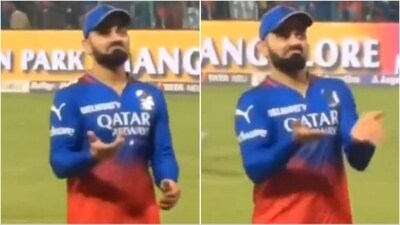 Virat Kohli gestures at Anushka Sharma after RCB's match vs GT (X) Virat Kohli gestures at Anushka Sharma after RCB's match vs GT (X)