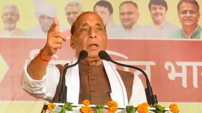 Defence Minister Rajnath Singh addresses a public meeting ahead of the third phase of Lok Sabha elections, in Rohtak district, Friday, May 3, 2024. (PTI) Defence Minister Rajnath Singh addresses a public meeting ahead of the third phase of Lok Sabha elections, in Rohtak district, Friday, May 3, 2024. (PTI)