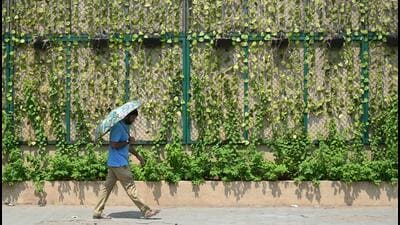 TOPSHOT - A man walking along a street shelters from the sun under an umbrella during a hot summer day in Chennai on May 3, 2024. (Photo by R.Satish BABU / AFP) (AFP)