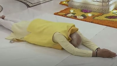 Prime Minister Narendra Modi praying at the Ram Temple in Ayodhya on Sunday.