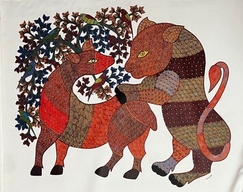An artwork by Sobharani Shyam is displayed at this exhibition of contemporary Gond artists from Madhya Pradesh's villages of Patangarh and Mandla. This show is organised in collaboration with The Raza Foundation. An artwork by Sobharani Shyam is displayed at this exhibition of contemporary Gond artists from Madhya Pradesh's villages of Patangarh and Mandla. This show is organised in collaboration with The Raza Foundation.