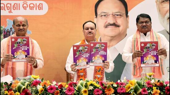 BJP president JP Nadda along with party leaders releases the party’s manifesto for the Odisha Assembly elections 2024 in Bhubaneswar on Sunday. (Image posted on X by JP Nadda)