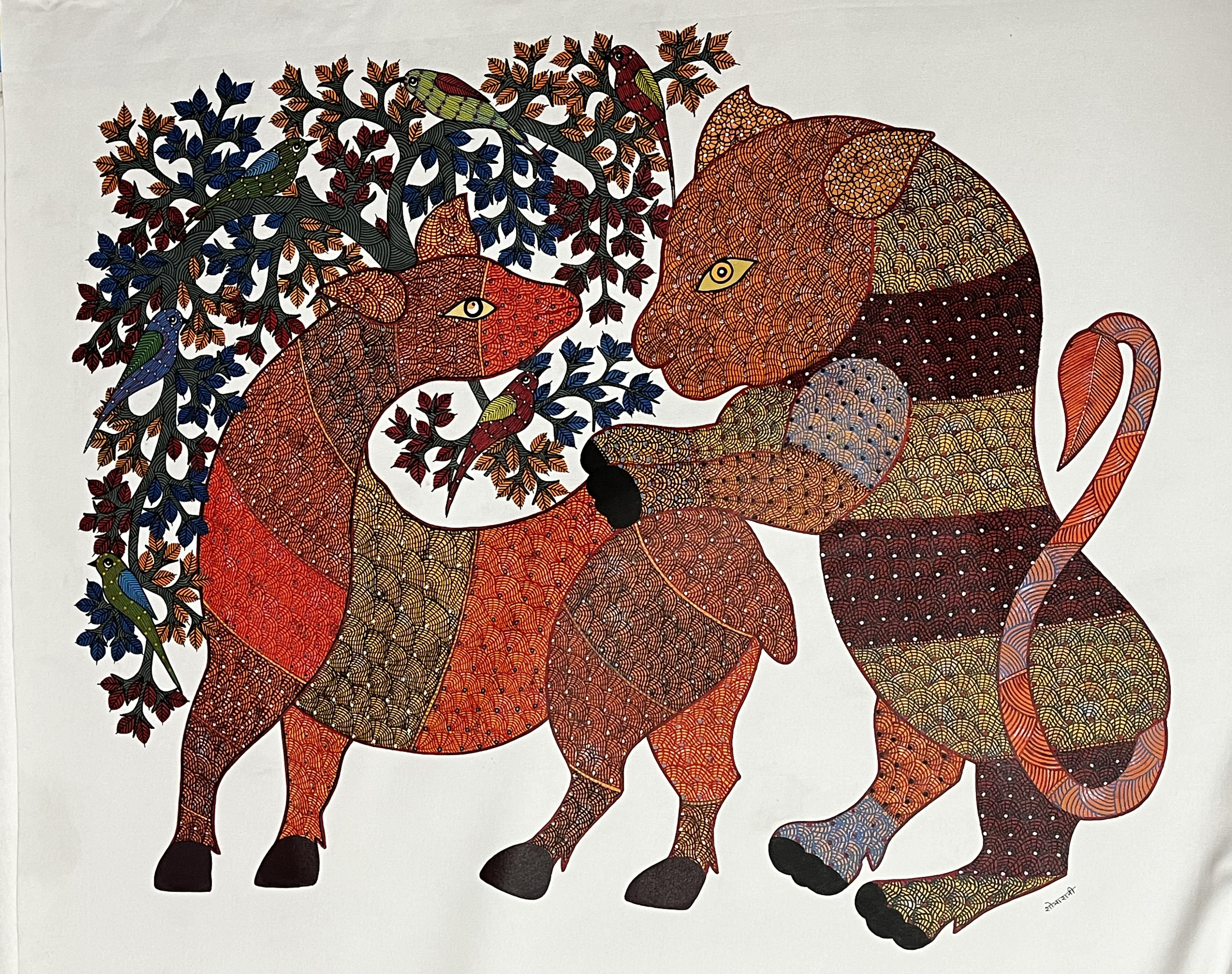 An artwork by Sobharani Shyam is displayed at this exhibition of contemporary Gond artists from Madhya Pradesh's villages of Patangarh and Mandla. This show is organised in collaboration with The Raza Foundation. An artwork by Sobharani Shyam is displayed at this exhibition of contemporary Gond artists from Madhya Pradesh's villages of Patangarh and Mandla. This show is organised in collaboration with The Raza Foundation.
