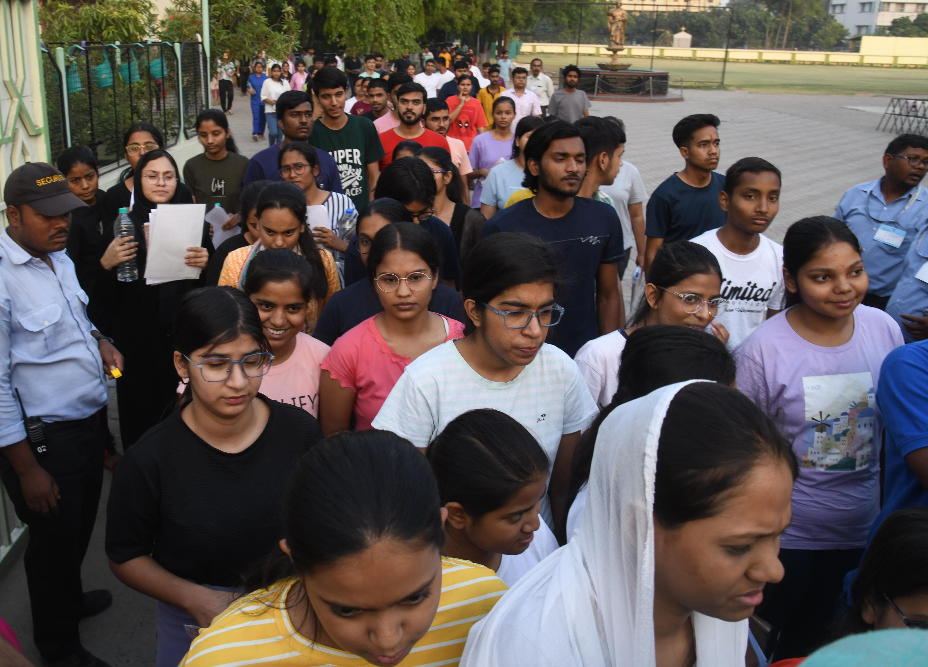 Candidates coming out after appearing in the NEET (UG) 2024 exam at an examination centre at Loyola High School, Kurji in Patna. (By HT Photographer Santosh Kumar)
