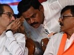 Uddhav Thackeray, Rajan Vichare and Sanjay Raut at a rally in Airoli. (Photo by Bachchan Kumar/ HT PHOTO)