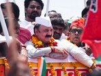 Amethi: Congress candidate from Amethi constituency Kishori Lal Sharma with other leaders of the INDIA alliance during a roadshow before filing his nomination, ahead of the third phase of Lok Sabha elections, in Amethi district, Friday, May 3, 2024. 