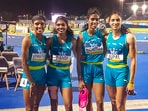 Nassau: Indian women's 4x400m relay team members Rupal Chaudhary, M R Poovamma, Jyothika Sri Dandi and Subha Venkatesan pose for photos after qualifying for Paris Olympics, at the World Athletics Relays, in Nassau, Bahamas. Nassau: Indian women's 4x400m relay team members Rupal Chaudhary, M R Poovamma, Jyothika Sri Dandi and Subha Venkatesan pose for photos after qualifying for Paris Olympics, at the World Athletics Relays, in Nassau, Bahamas.