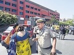 Police officers outside Mother Mary's School in Mayur Vihar on May 1 — the day the school received a hoax bomb threat. (HT photo) Police officers outside Mother Mary's School in Mayur Vihar on May 1 — the day the school received a hoax bomb threat. (HT photo)