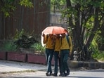 School students out on a hot summer’s day at Sarita Vihar on Monday. (Raj K Raj/HT photo)