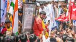 Kanhaiya Kumar at his roadshow in Maujpur on Monday. (Raj K Raj/HT Photo)