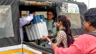 Women polling officials leave for their booths, in Guwahati, Assam. (ANI) Women polling officials leave for their booths, in Guwahati, Assam. (ANI)