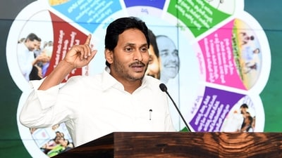 Vijayawada, Apr 27 (ANI): Andhra Pradesh Chief Minister and YSRCP leader YS Jagan Mohan Reddy addresses during the release of his party's Election Manifesto for the Lok Sabha polls, at the CM camp office at Tadepalli in Vijayawada on Saturday. (ANI Photo) (YSRCP X)
