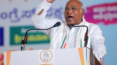 Congress president Mallikarjun Kharge addresses a public meeting ahead of the Lok Sabha elections. (ANI Photo) (ANI) Congress president Mallikarjun Kharge addresses a public meeting ahead of the Lok Sabha elections. (ANI Photo) (ANI)