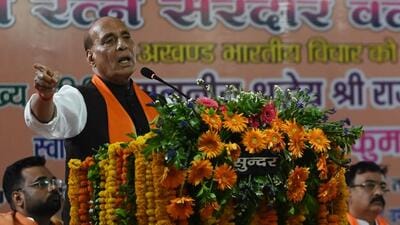Defence minister Rajnath Singh at a public meeting for the 2024 Lok Sabha polls in Lucknow on Monday. (Deepak Gupta/HT Photo) Defence minister Rajnath Singh at a public meeting for the 2024 Lok Sabha polls in Lucknow on Monday. (Deepak Gupta/HT Photo)