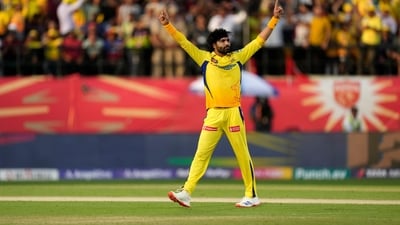 Chennai Super Kings' Ravindra Jadeja celebrates the wicket of Punjab Kings' Ashutosh Sharma during the Indian Premier League cricket match between Chennai Super Kings and Punjab Kings in Dharamshala (AP) Chennai Super Kings' Ravindra Jadeja celebrates the wicket of Punjab Kings' Ashutosh Sharma during the Indian Premier League cricket match between Chennai Super Kings and Punjab Kings in Dharamshala (AP)