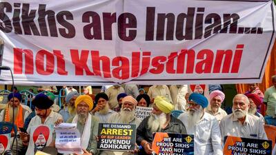 Kolkata: Peoples from the Sikh community stage a protest against BJP leader Suvendu Adhikari after he allegedly called a Sikh IPS officer 'Khalistani', outside BJP office, in Kolkata, Wednesday, Feb. 21, 2024. (PTI Photo)(PTI02_21_2024_000237B) (PTI) Kolkata: Peoples from the Sikh community stage a protest against BJP leader Suvendu Adhikari after he allegedly called a Sikh IPS officer 'Khalistani', outside BJP office, in Kolkata, Wednesday, Feb. 21, 2024. (PTI Photo)(PTI02_21_2024_000237B) (PTI)