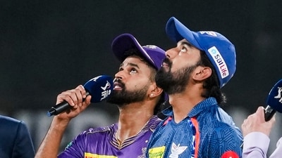 Lucknow Super Giants captain KL Rahul and Kolkata Knight Riders' Shreyas Iyer at the toss before the start of the Indian Premier League (IPL) 2024 game (PTI)
