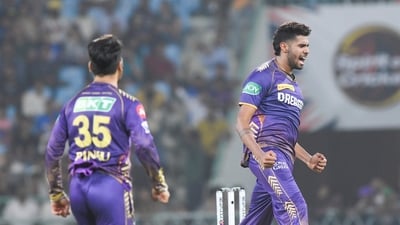Kolkata Knight Riders bowler Harshit Rana celebrates the wicket of Lucknow Super Giants batter Kurnal Pandya during the Indian Premier League (IPL) 2024 T20 cricket match between Lucknow Super Giants and Kolkata Knight Riders (PTI) Kolkata Knight Riders bowler Harshit Rana celebrates the wicket of Lucknow Super Giants batter Kurnal Pandya during the Indian Premier League (IPL) 2024 T20 cricket match between Lucknow Super Giants and Kolkata Knight Riders (PTI)