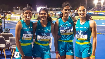 Nassau: Indian women's 4x400m relay team members Rupal Chaudhary, M R Poovamma, Jyothika Sri Dandi and Subha Venkatesan pose for photos after qualifying for Paris Olympics, at the World Athletics Relays, in Nassau, Bahamas. (PTI)