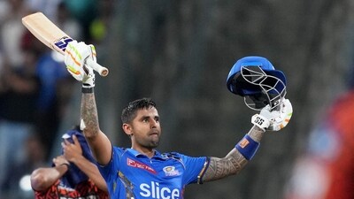 Mumbai Indians player Suryakumar Yadav celebrates his century during the Indian Premier League (IPL) 2024 T20 cricket match between Mumbai Indians and Sunrisers Hydrabad, at Wankhede Stadium in Mumbai (PTI) Mumbai Indians player Suryakumar Yadav celebrates his century during the Indian Premier League (IPL) 2024 T20 cricket match between Mumbai Indians and Sunrisers Hydrabad, at Wankhede Stadium in Mumbai (PTI)