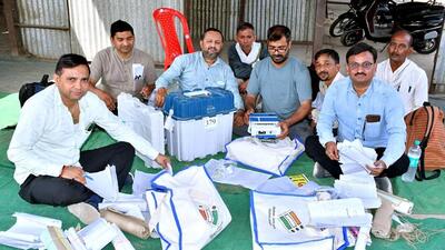 Polling officials collect the EVMs and other election material for the third phase of the Lok Sabha polls, in Mainpuri on Monday. (ANI PHOTO) Polling officials collect the EVMs and other election material for the third phase of the Lok Sabha polls, in Mainpuri on Monday. (ANI PHOTO)