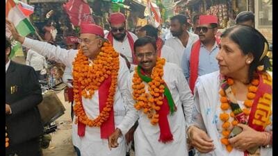 SP’s Ravidas Mehrotra out campaigning in Lucknow on Monday. (Sourced) SP’s Ravidas Mehrotra out campaigning in Lucknow on Monday. (Sourced)