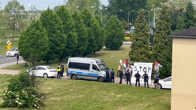 Pro-Palestine protesters gathered outside the Auschwitz death camp in Poland during March of the Living, which commemorates those affected by the Holocaust (Oli London/ X, formerly Twitter)