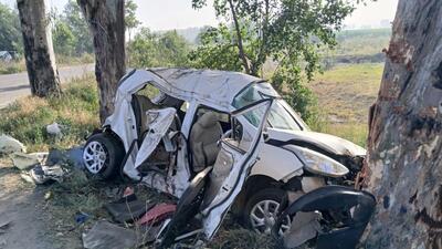 The car in which the family was travelling after it met with the accident at Raipur Rasoolpur village on the Jalandhar-Pathankot highway on Monday. (HT Photo)
