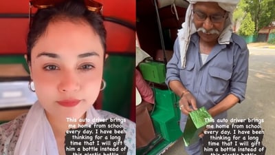 Snapshot of the woman surprising the auto driver with a bottle. Snapshot of the woman surprising the auto driver with a bottle.